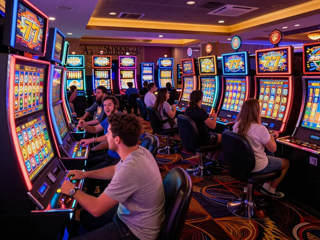 Players celebrating wins at vibrant slot77 machines in a dynamic casino atmosphere.