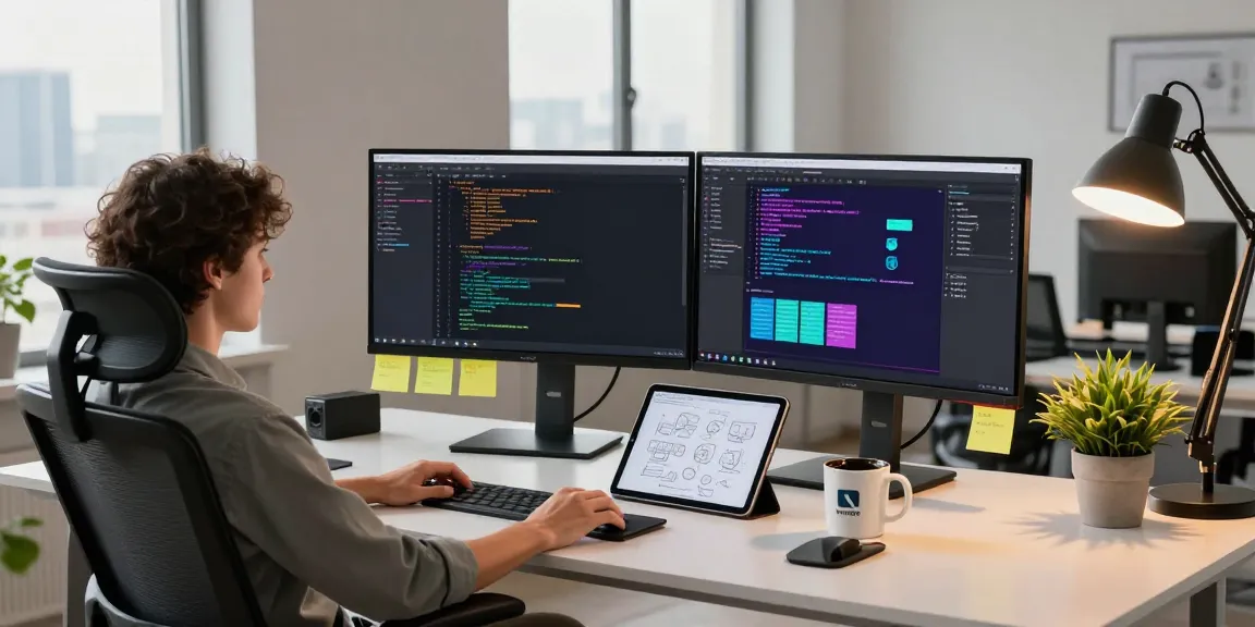 Efficient workspace showcasing advanced 截图软件 usage with dual monitors, programming tools, and creative design elements in a modern environment.