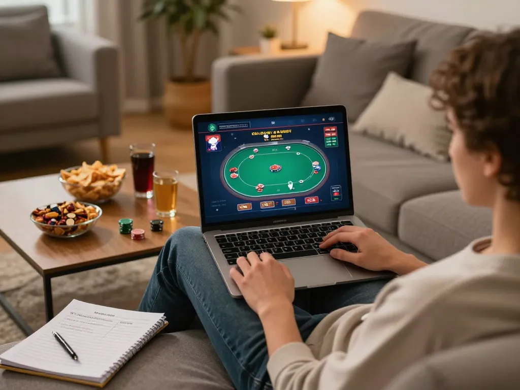 A player engaging in online poker with 789win link on screen in a cozy home setup.