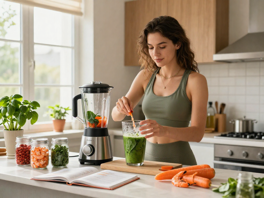 Healthy smoothie preparation with natural astaxanthin in a bright kitchen