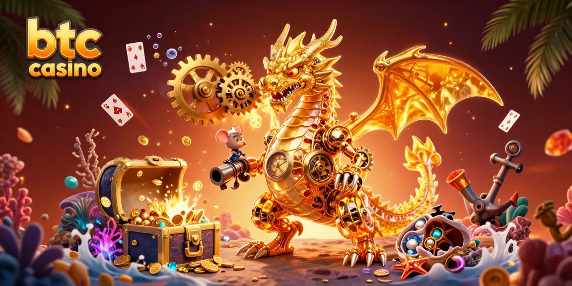 Gioca ai migliori giochi nei btc casino mentre un drago biomeccanico sprigiona monete dorate e gemme preziose.