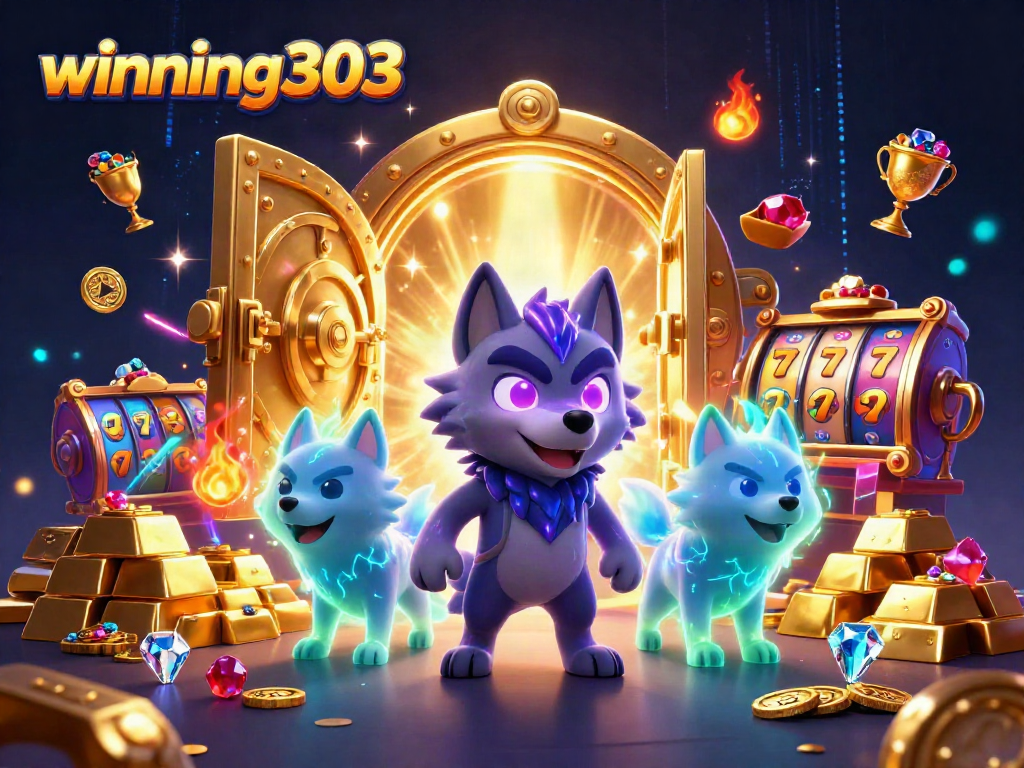 Winning303 showcases a dynamic 3D scene with mystical wolves and vibrant gaming elements.