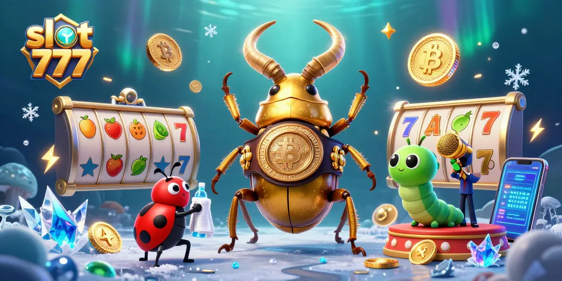 Permainan slot 777 dengan simbol beruntung dan karakter lucu di arena bertarung.