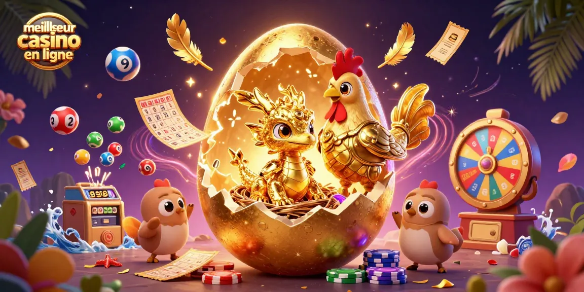 Illustration du meilleur casino en ligne avec un œuf d’or, un dragon et des éléments de jeu.