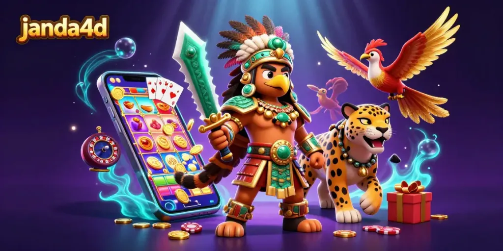 JANDA4D menampilkan ilustrasi permainan yang menggoda dengan elemen slot dan suasana energik.