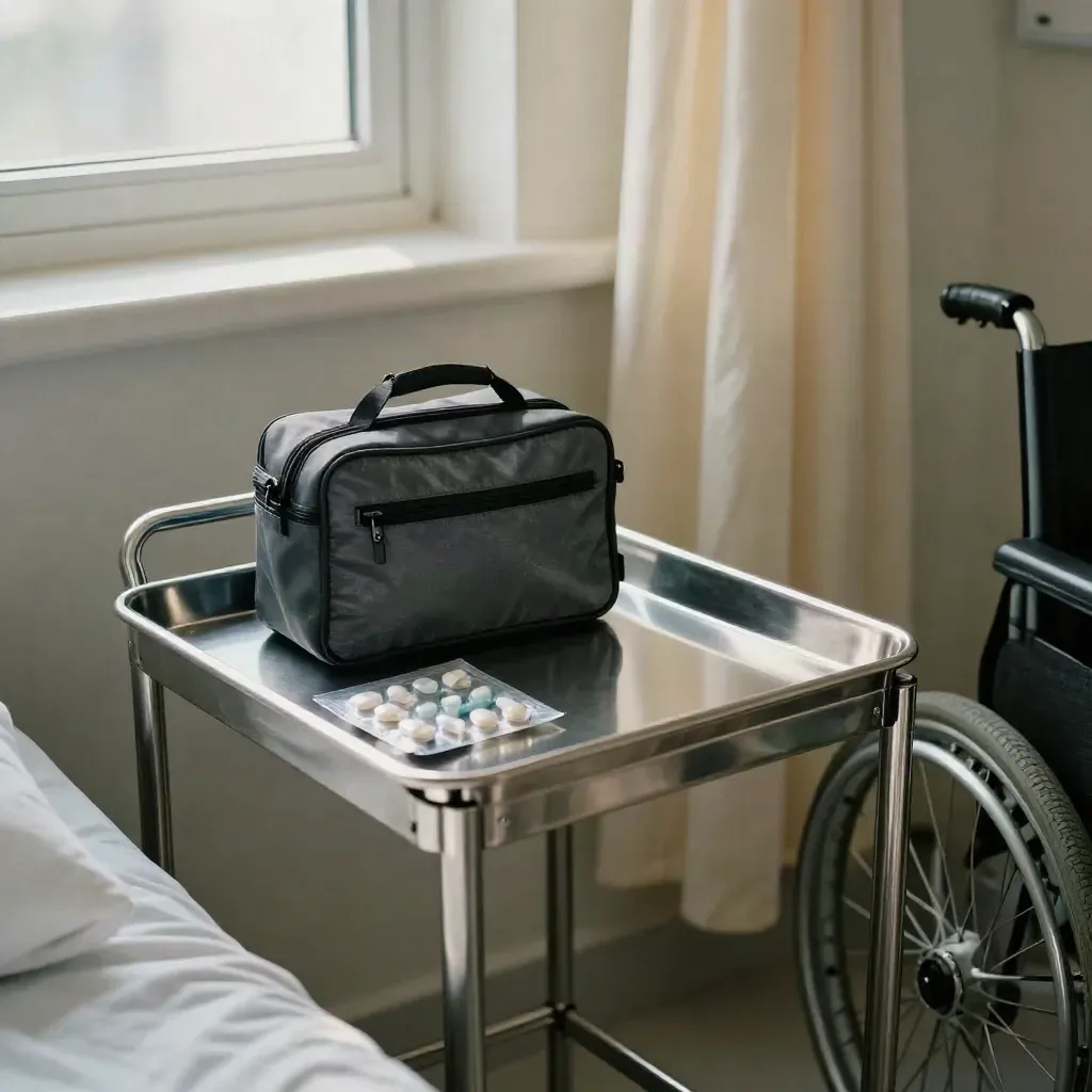 Hospital discharge nook with medicines, transport pouch, tray, and parked wheelchair in soft daylight.