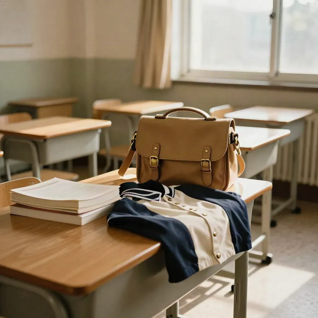Empty classroom desk with books, satchel and folded uniform in warm morning light.