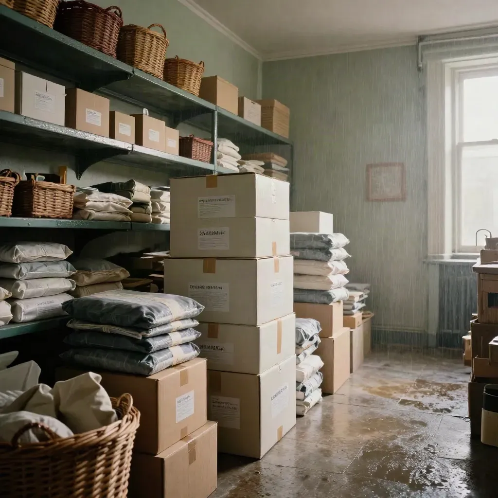 Rain-lit nonprofit storeroom with stacked aid cartons, school kits, and woven baskets.