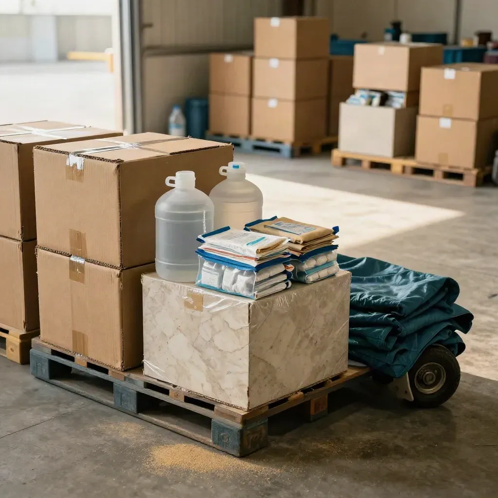 Meal crates, water jugs, and hygiene kits lined up in a warehouse near a bright loading exit.