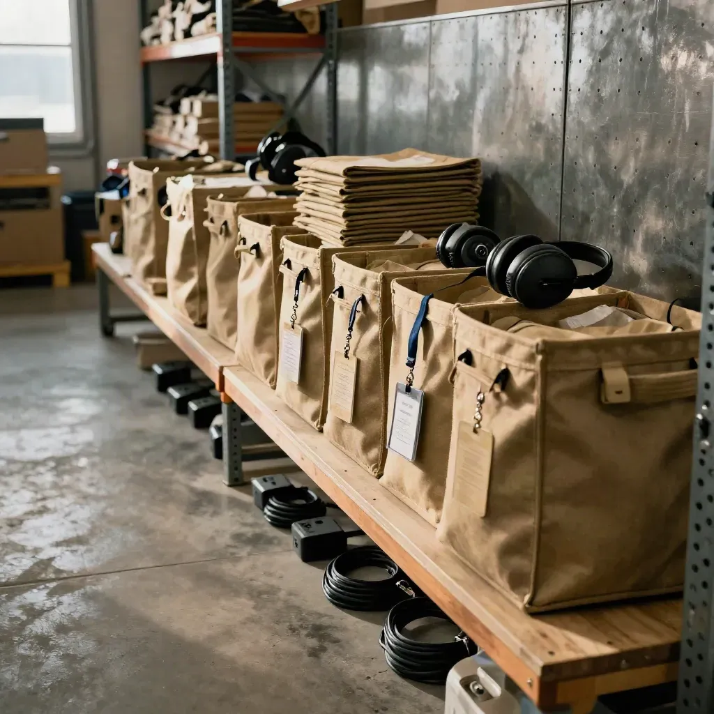 Volunteer staging bench with totes, radio chargers, lanyards and shift tags in a warehouse haze