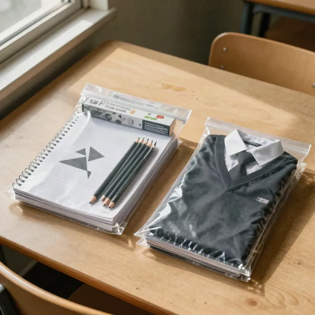 Overhead flatlay of school supply kits with notebooks, pencils, geometry box, and folded uniforms in clear sacks.