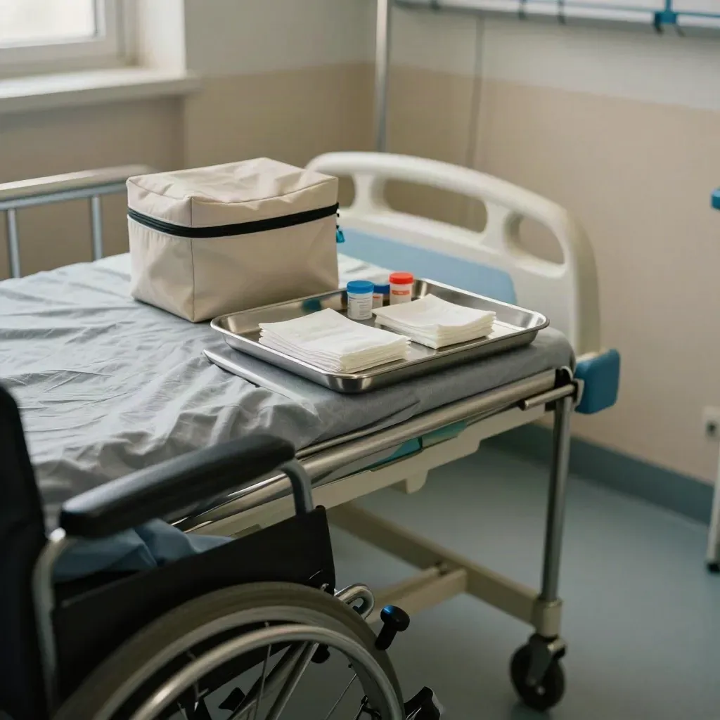Empty discharge nook with wheelchair edge, medicine boxes, sealed transport pouch and bedside tray.