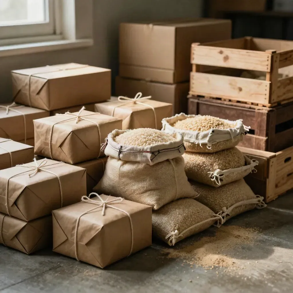 Meal kits, rice sacks, and produce crates stacked in a warm community pantry