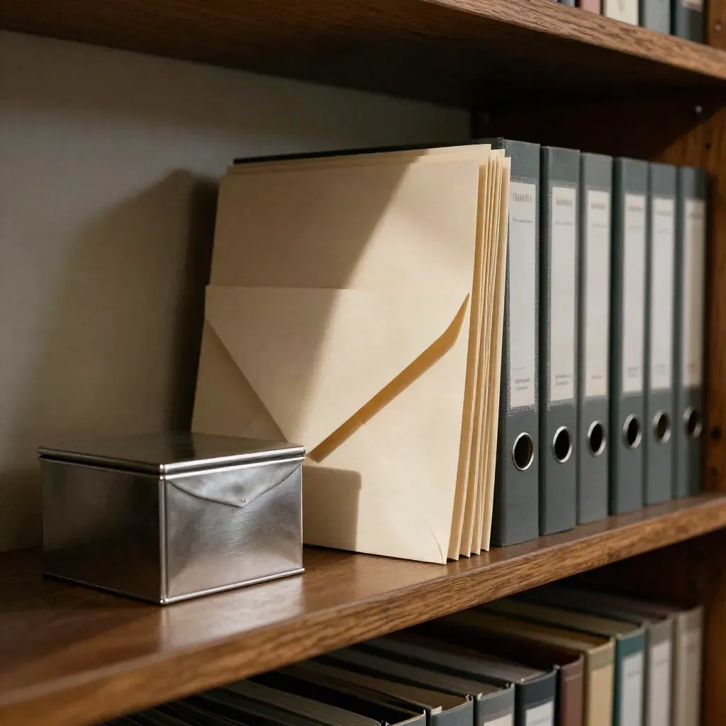 Donation envelopes, token box and archive binders on a moody charity records shelf