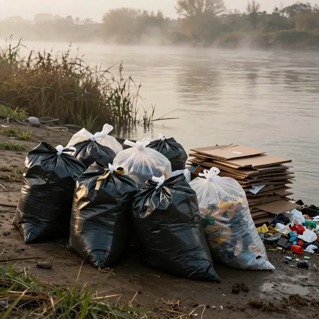 Filled cleanup bags and recycling sacks on a misty riverbank after volunteer day
