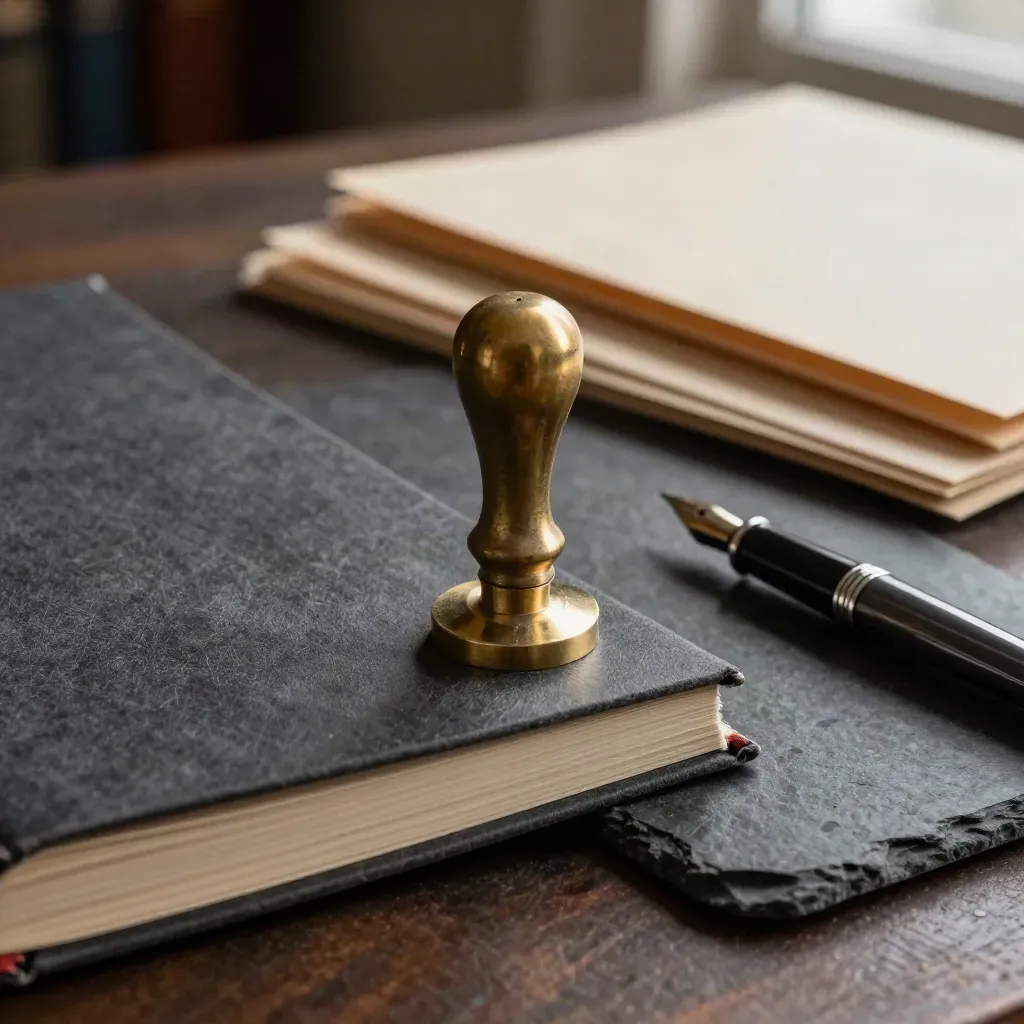 Brass seal, grant ledger, folders and pen on dark stone, dramatic still life