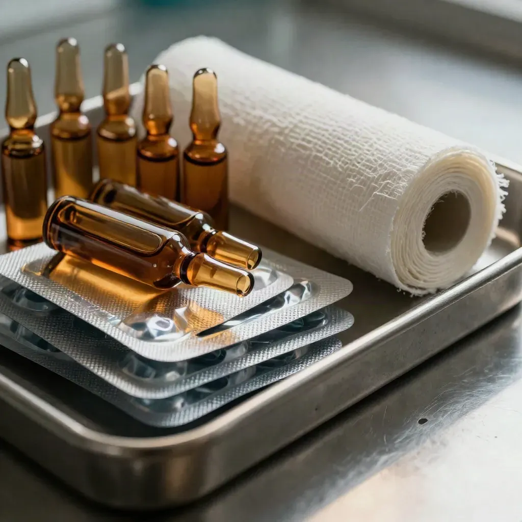 Amber medicine vials, gauze roll, blister packs and steel tray on a clinic work surface.