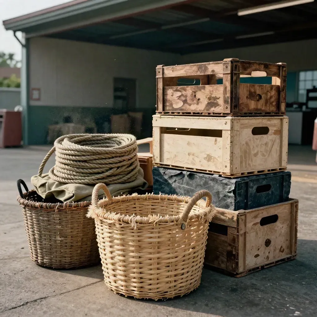 Woven basket, produce crates and rope packed for outreach on a concrete loading bay.