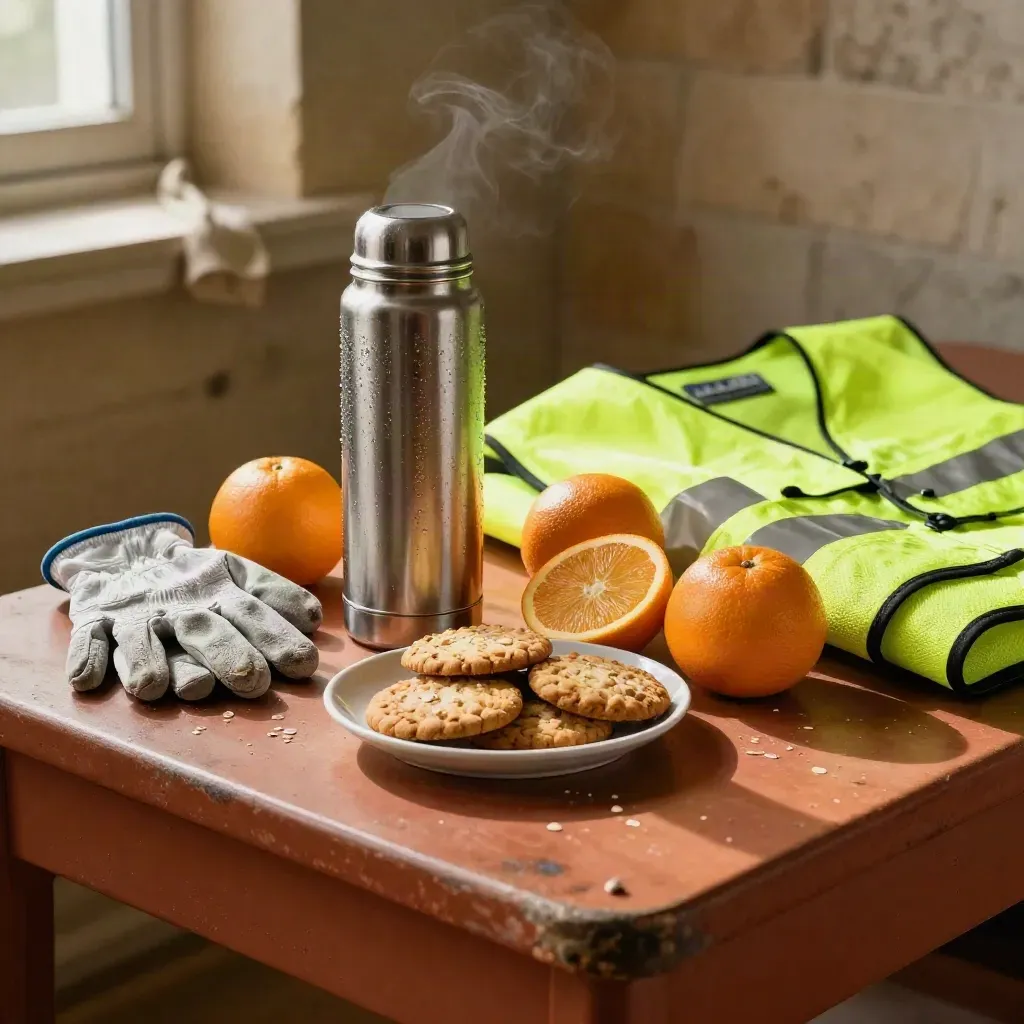 Tea thermos, oranges, biscuits, gloves and a folded hi-vis vest on a utility table with steam.