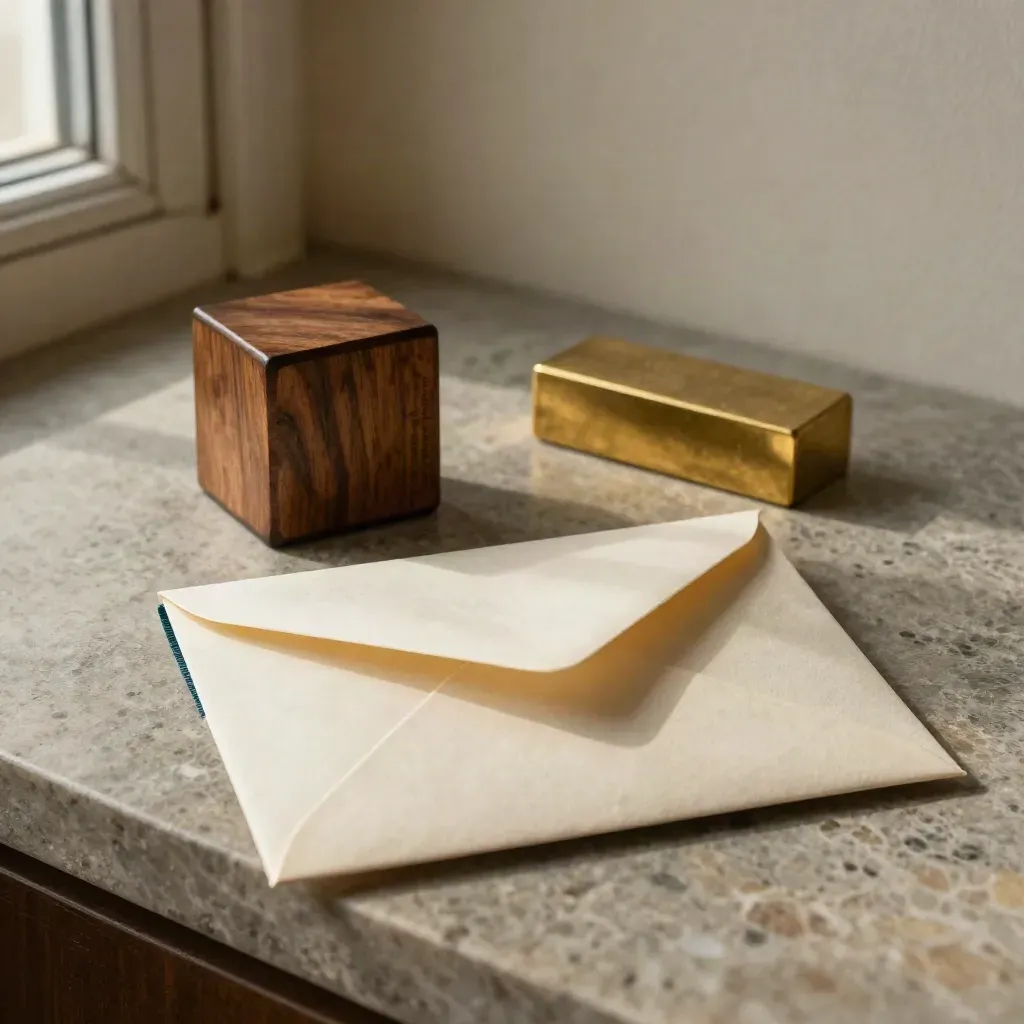 Envelope, date cube, and brass tally stone on a stone shelf in soft side light.