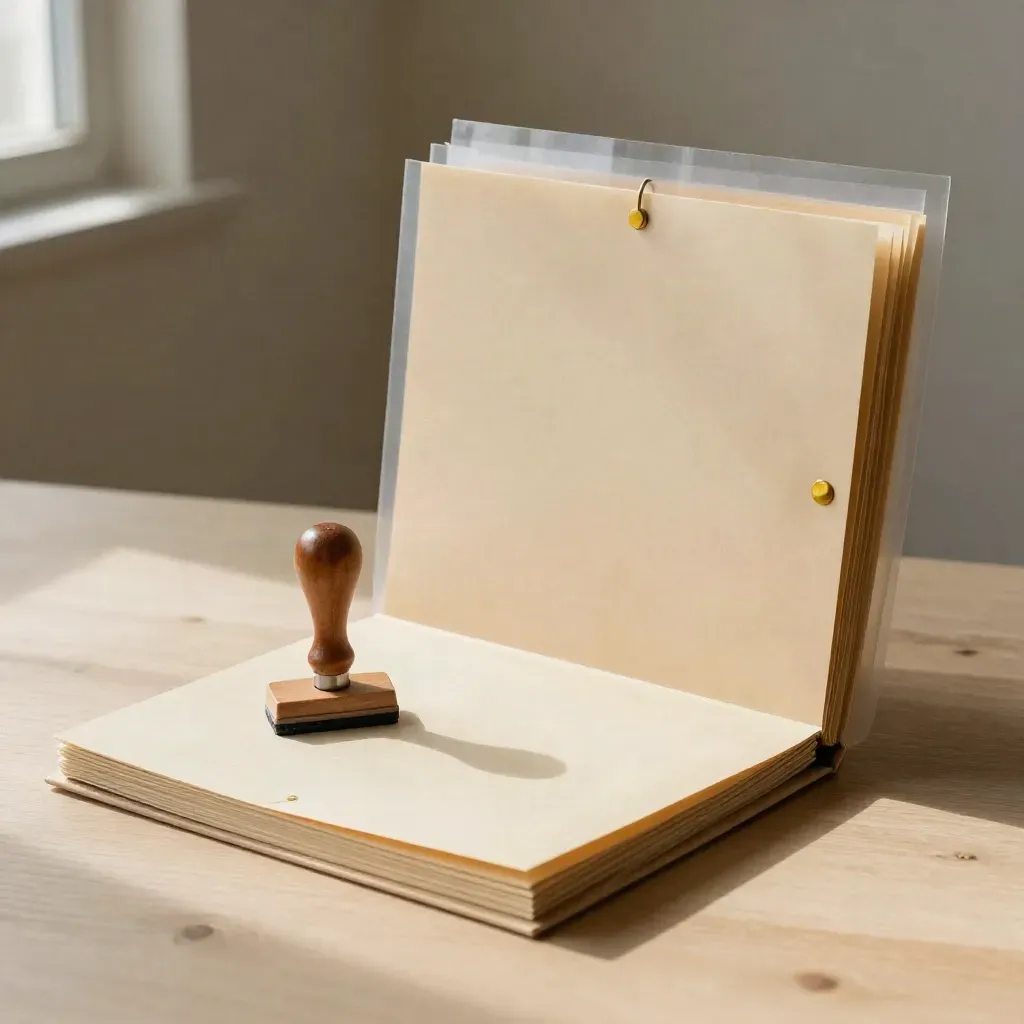 Closed manila folder, rubber stamp and translucent sleeve folders on pale wood