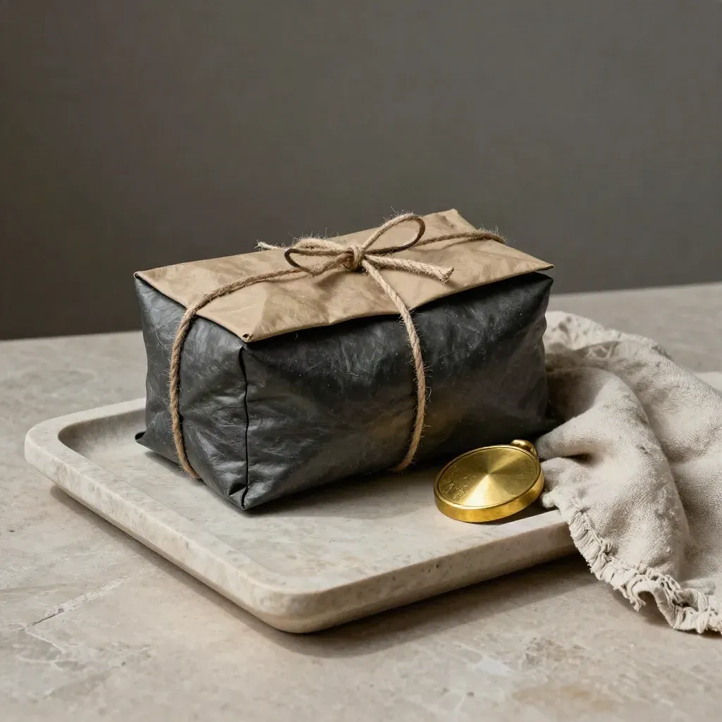 Dispatch pouch, twine parcel and brass seal on a stone tray in soft daylight.