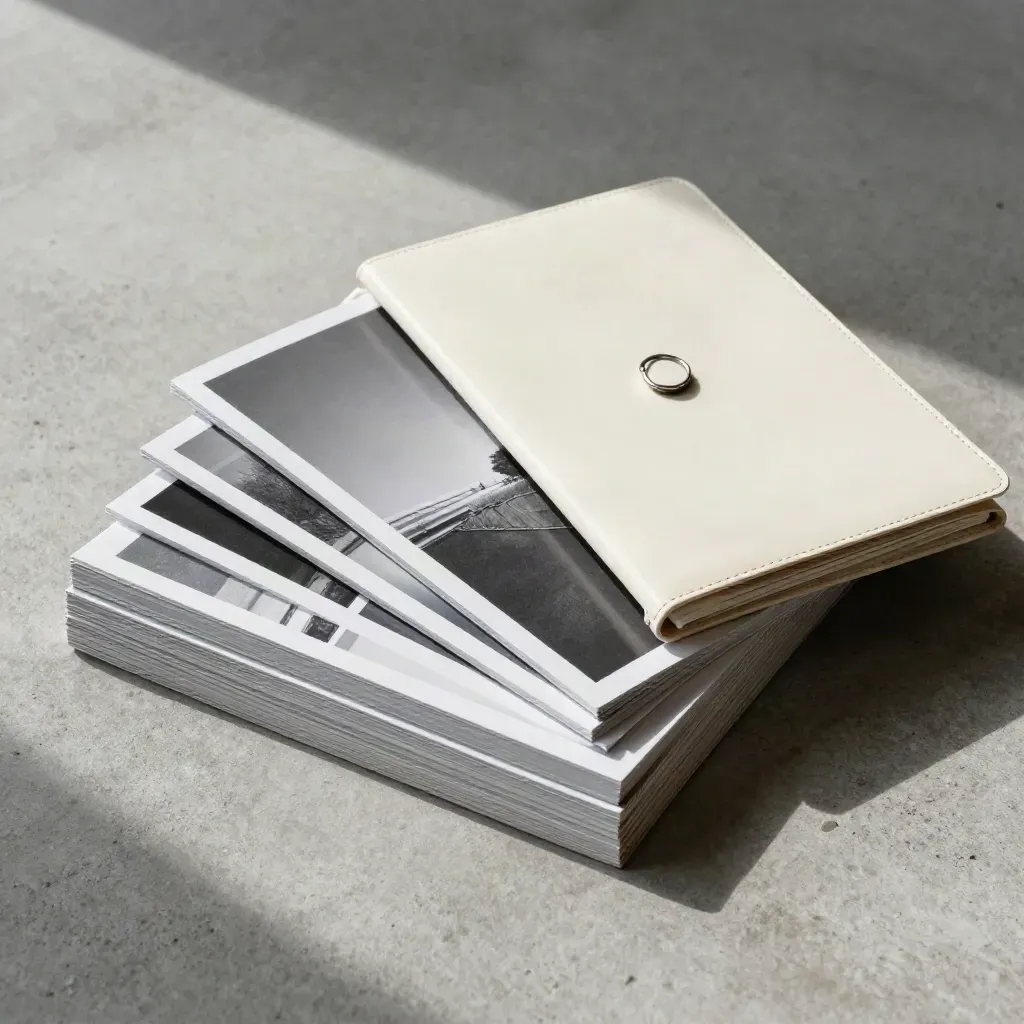 Top-down flatlay of glossy photo prints, ivory report sleeve and binder clip on concrete.