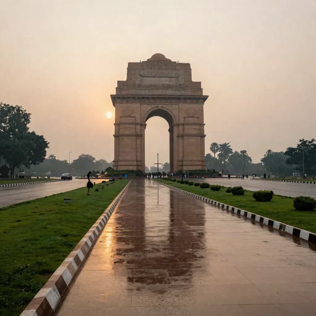 India Gate axis at monsoon sunrise with haze, wet boulevard, and calm reflective foreground