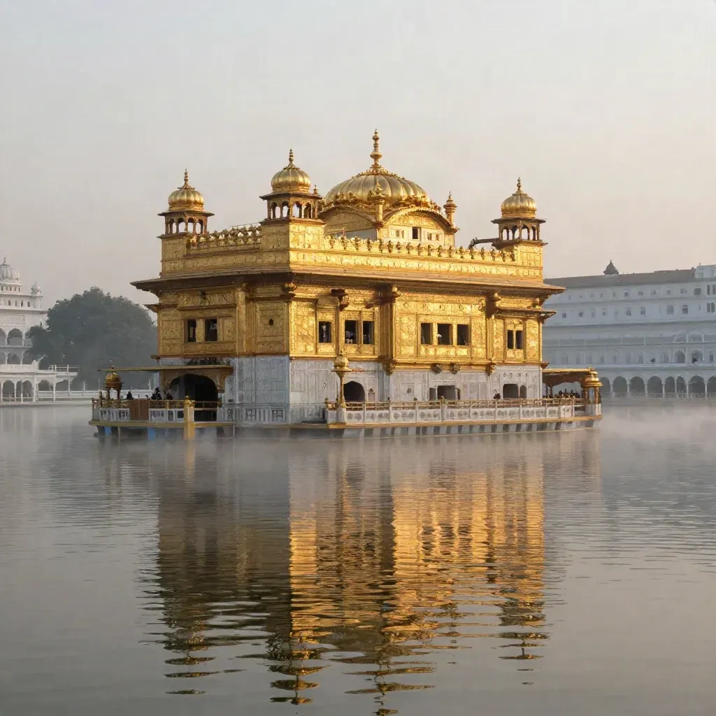 Golden Temple over still sarovar at dawn, mist and honeyed light, calm copy space below.