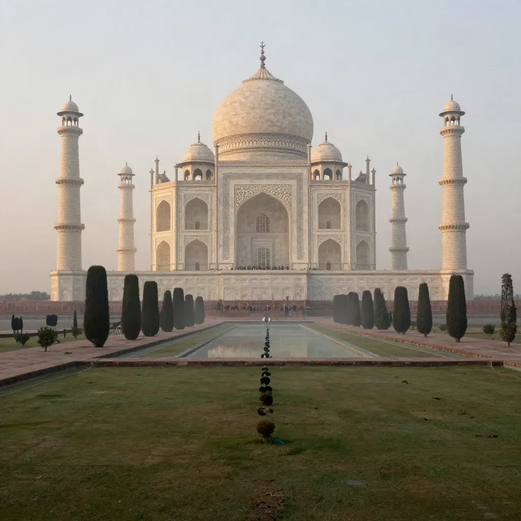 Taj Mahal in winter haze above empty gardens and river mist at first light