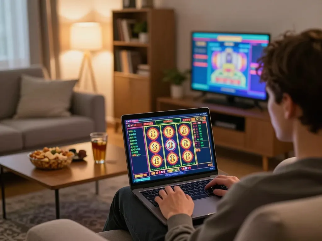 Engaged players enjoying online onbet slot games from home with dynamic visuals.
