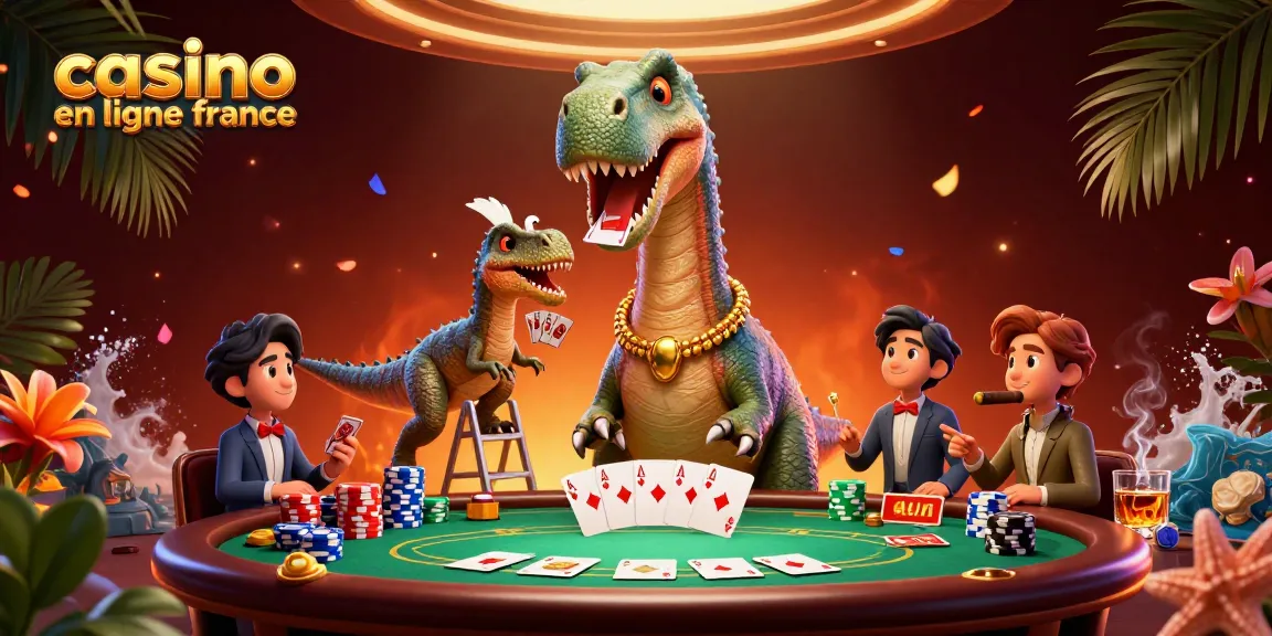 Illustration dynamique d'un brontosaurus géant au casino, poker en ligne France inclus.