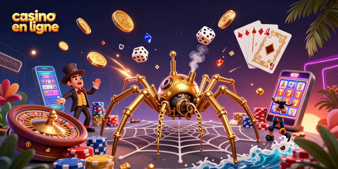 Des jeux passionnants de casino en ligne illustrés avec une araignée steampunk dorée, des pièces d'or et des cartes de poker.