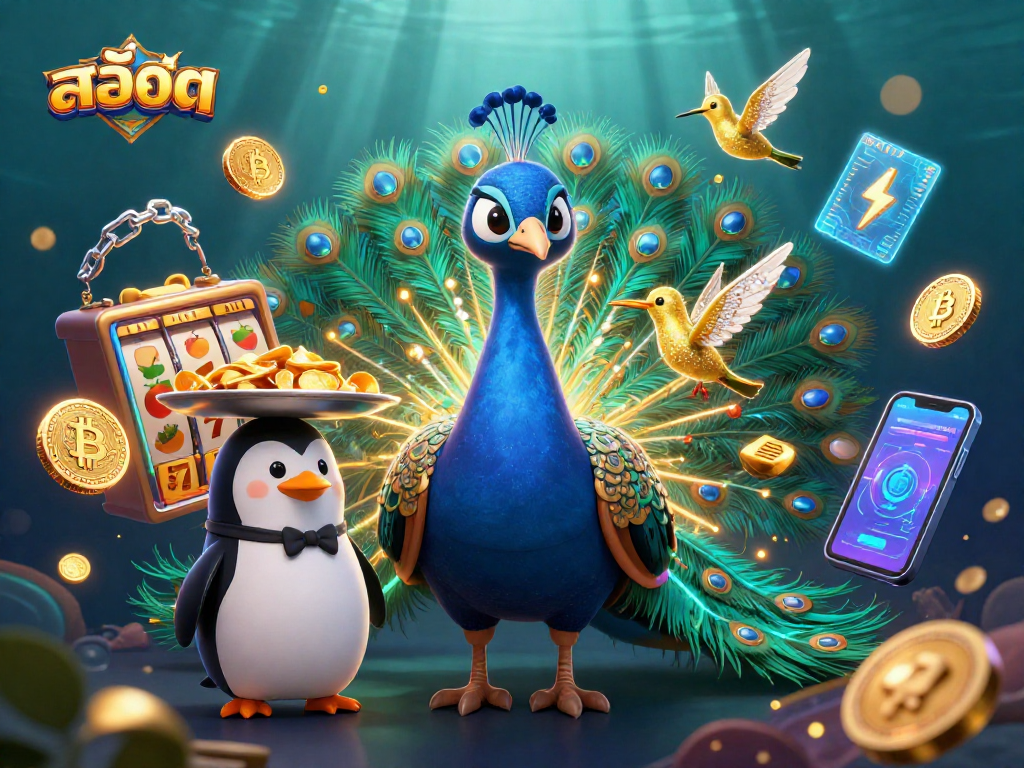 Play สล็อต with vibrant slot reels, featuring an aristocratic peacock and golden coins.