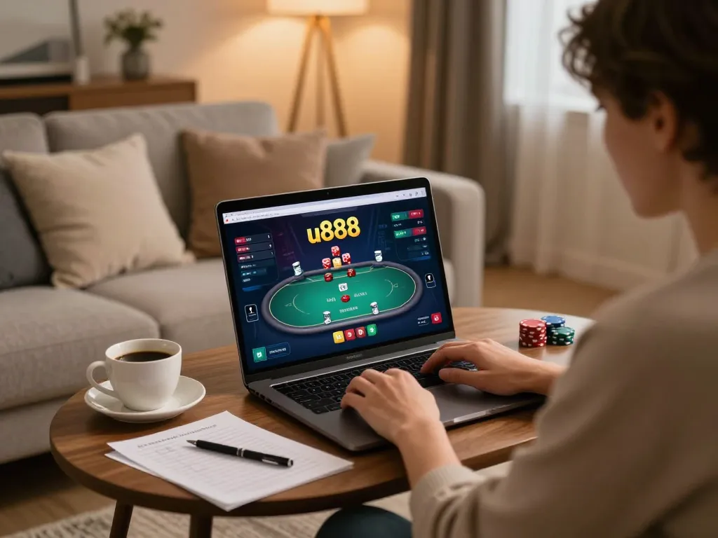 Player clicks on u888 online poker game from a cozy home setup, illustrating responsible gaming.