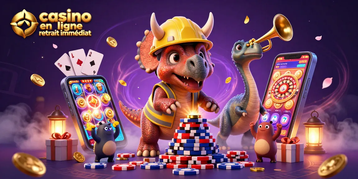Image illustrant le casino en ligne retrait immédiat avec des personnages célébrant parmi des jetons de poker et des jeux