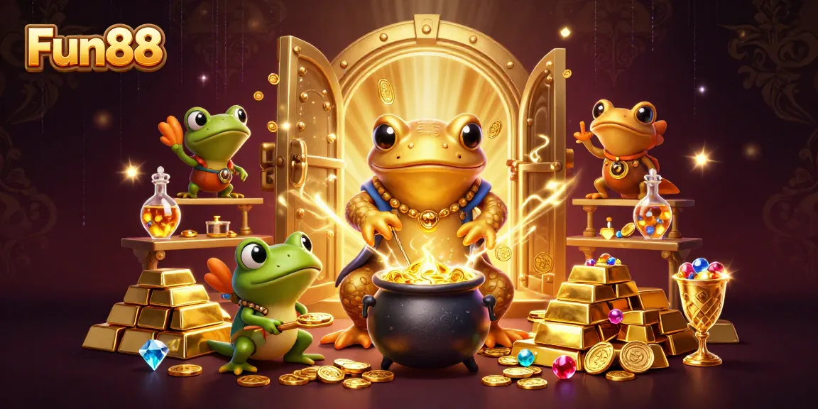 Experience Fun88's vibrant casino scene with gold coins and magical alchemical elements.