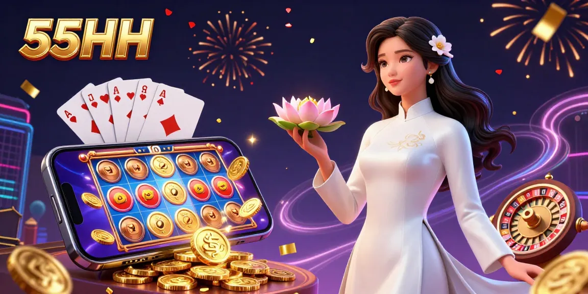 Engage with the vibrant slots at 55HH featuring a photorealistic woman, golden coins, and immersive game elements.
