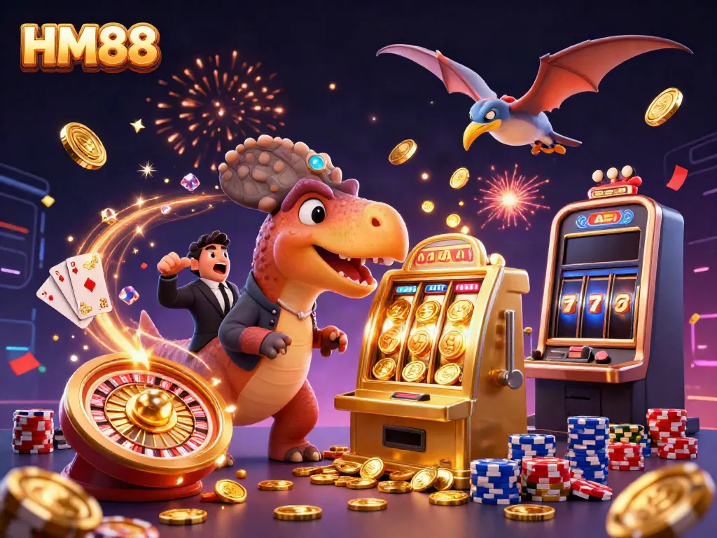 HM88 slots scene showcasing a pachycephalosaurus engaging with a slot machine, surrounded by flying coins and vibrant casino elements.