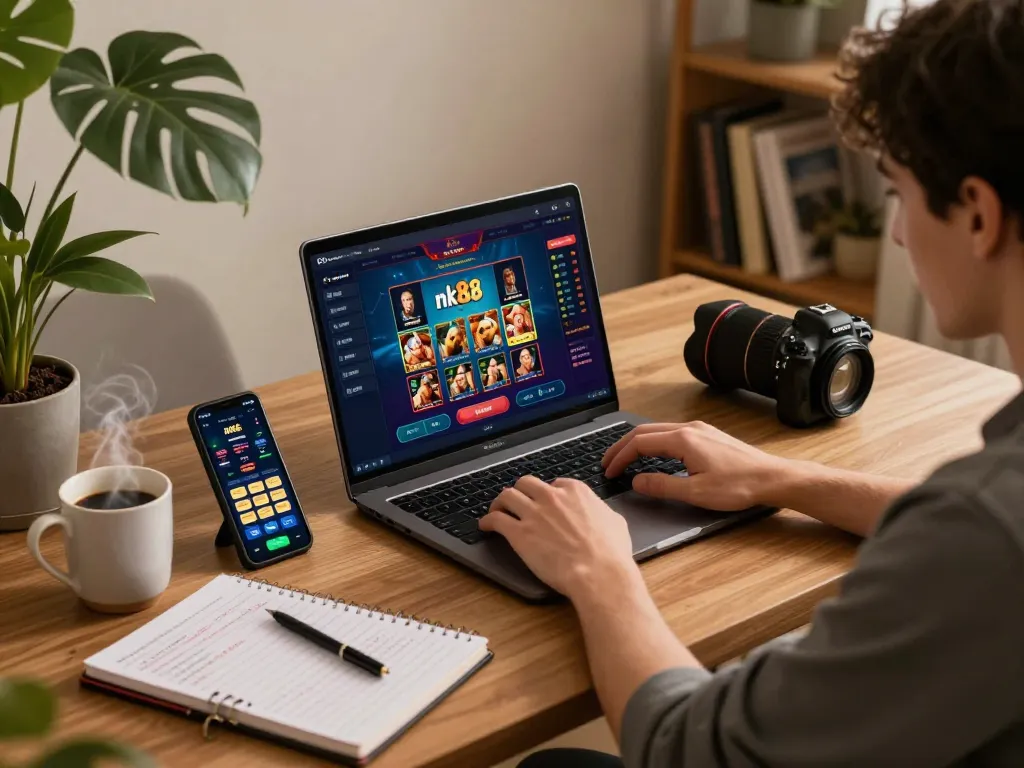 Engaging online gaming moment featuring nk88 link on laptop screen, showcasing a cozy atmosphere.