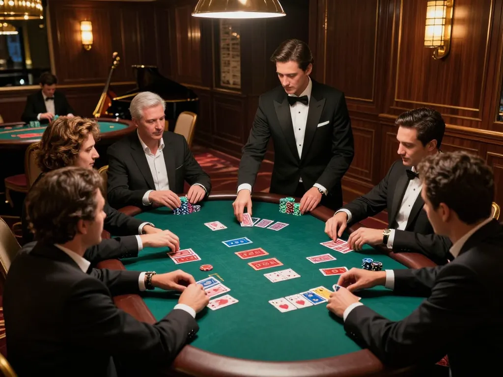 Players engaged in strategic blackjack gameplay at trendy casino table, thabet interaction highlighted.