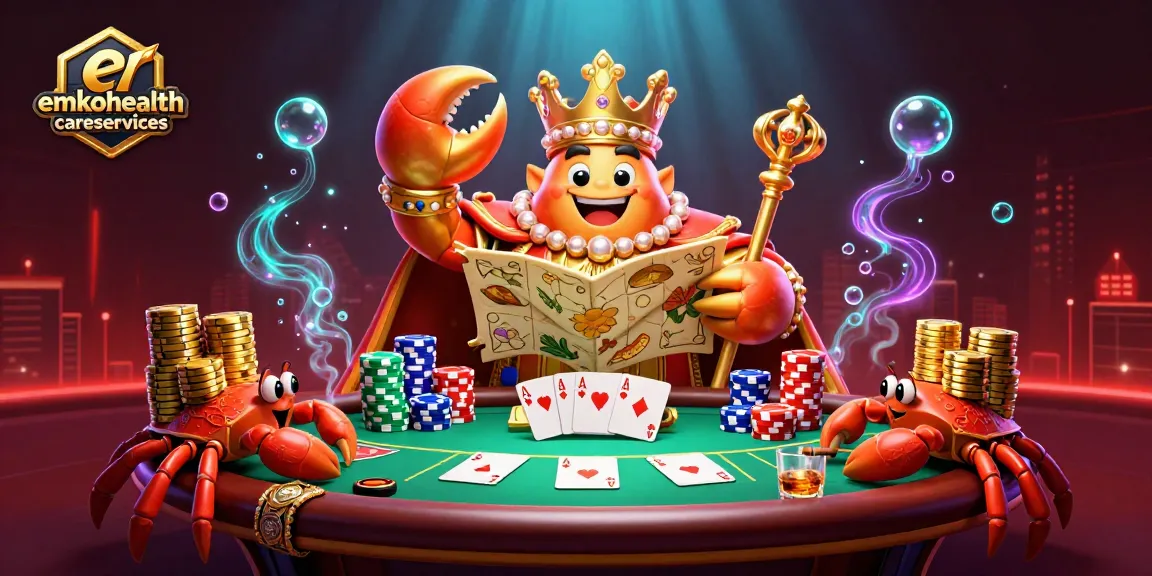 Win jackpots with emkohealthcareservices featuring a dynamic poker scene and royal crab emblem.