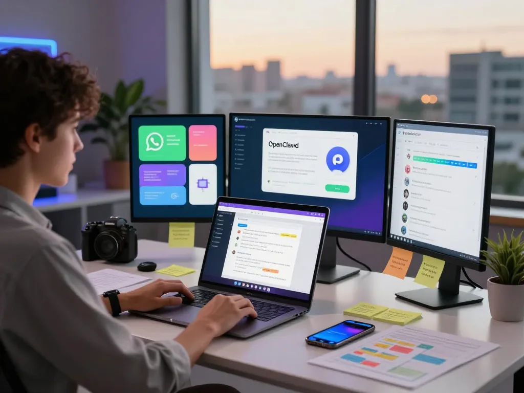 Clawbot empowering user productivity at a modern desk with messaging apps and AI interface.
