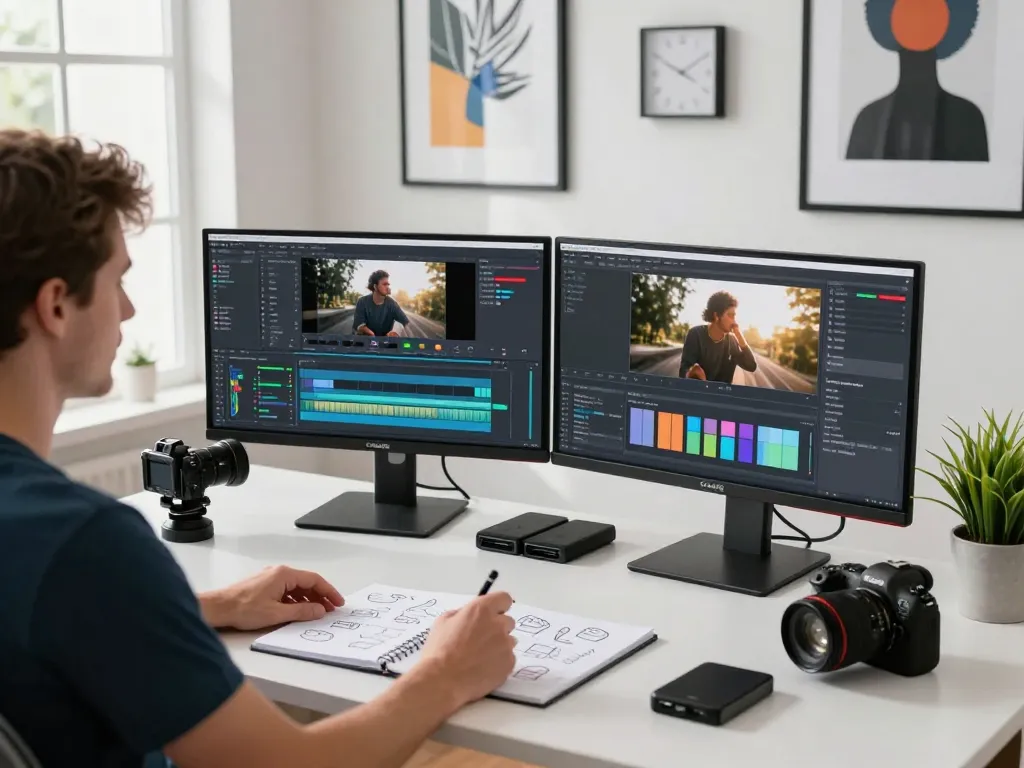 Creative workspace featuring a content creator using a video to promptgenerator tool with cameras and dual monitors.