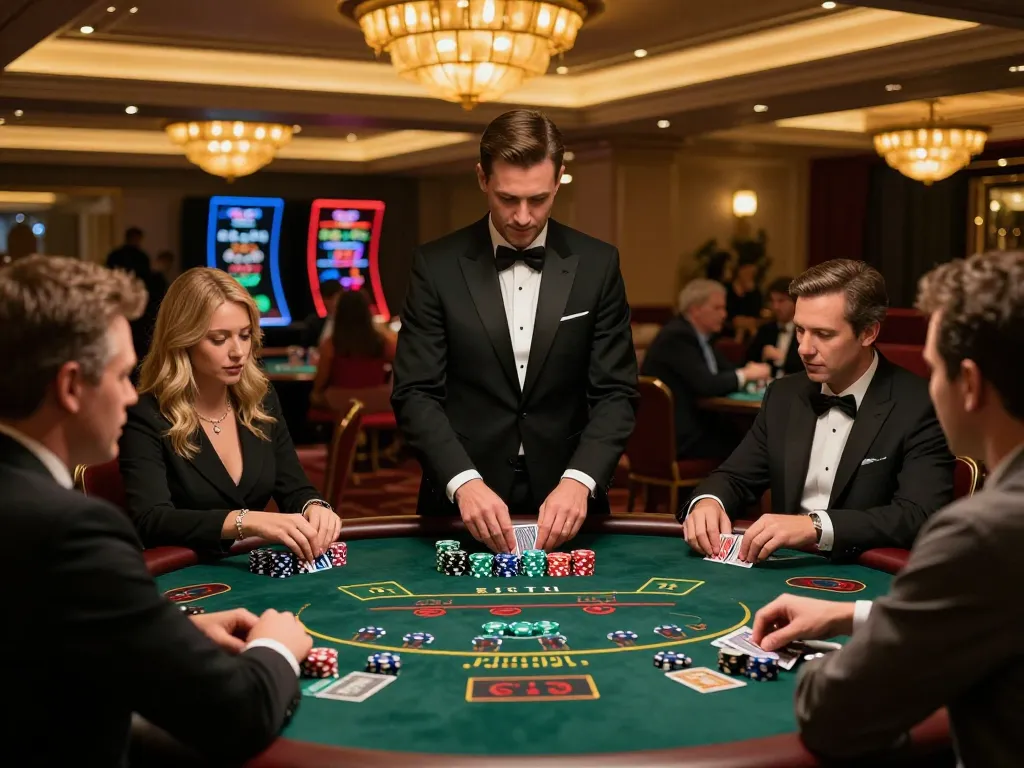 Pemain menikmati permainan blackjack yang menarik di meja kasino mewah Bintangmpo dengan suasana yang hidup.