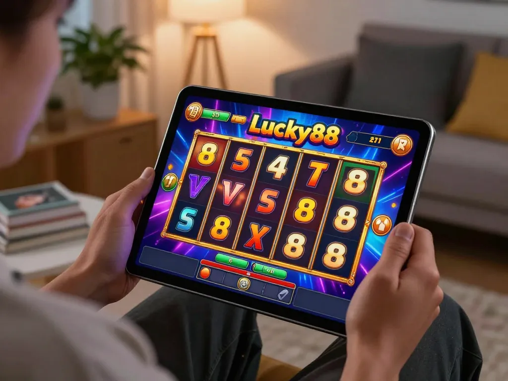 Engaging gameplay on Lucky88 slot game in cozy setting, showcasing vibrant graphics and excitement