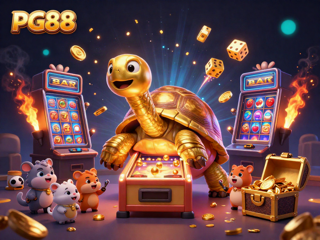Engage with PG88's vibrant casino scene featuring a golden tortoise pinball machine and bursting jackpot elements.