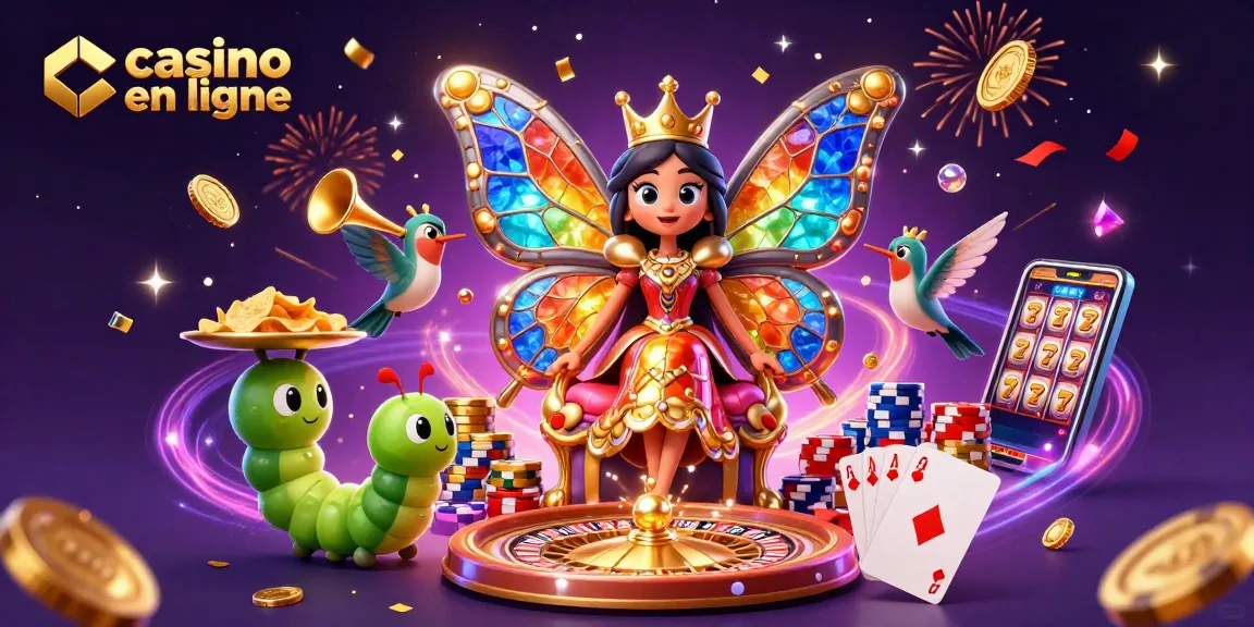Gagnez à casino en ligne avec une reine des papillons, des jetons et des feux d'artifice.