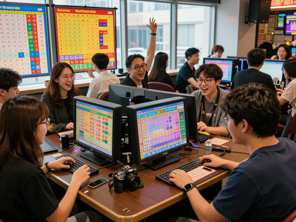 Engaged players enjoying Hongkong Lotto at a vibrant gaming venue, analyzing numbers and strategies.