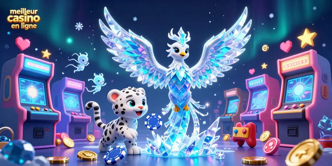 Illustration vibrante du meilleur casino en ligne, phénix de glace et sprite dans un cadre magique.
